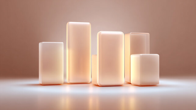 Elegant Business Graph Visualization: A sophisticated business graph, represented by glowing bars, rises from a reflective surface against a soft backdrop, embodying growth, data analysis.