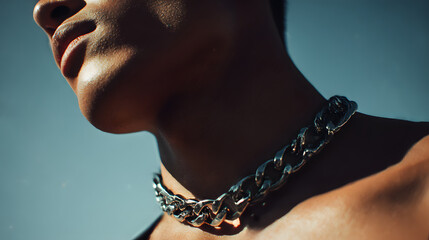 Bold Silver Adornment: An evocative image capturing the allure of a striking silver chain necklace, worn with effortless confidence and highlighted against a backdrop of natural elements.