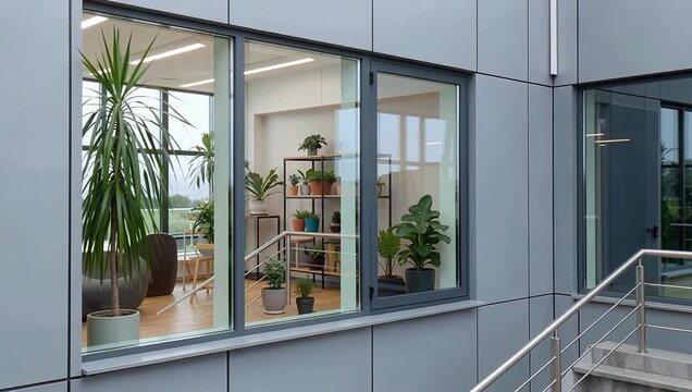 Sustainable Modern Office Building Facade with Large Windows and Abundant Indoor Plants