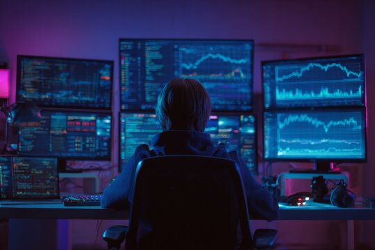 Visualizing blockchain data: high-tech nights in the coding world. Professional look. Immersed in tech: a developer's nocturnal blockchain exploration. Advertising photo. Premium quality.