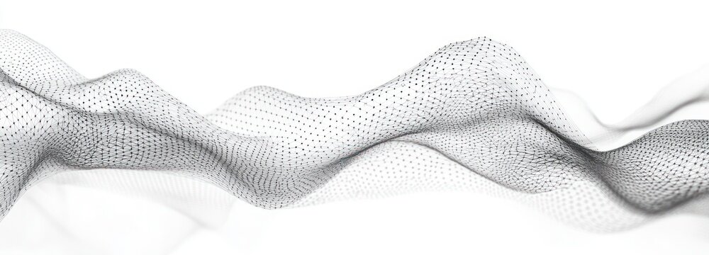 Undulating black dotted mesh and triangular wireframe waves on white background, evoking calm futuristic motion and airy minimalism