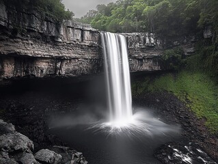 Majestic waterfall cascading over layered cliff into a dark plunge pool surrounded by mist, mossy rocks and dense green forest, evoking awe and tranquil power