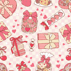 Valentines Gift Seamless Pattern, Date Night Elements Digital Paper, Trendy Pink Valentine Treats Fabric Design Vector