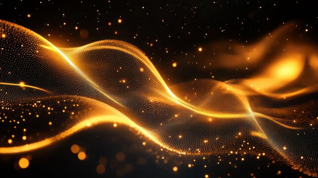 Mesmerizing flowing golden particle waves forming a glowing dotted mesh over a dark background, warm luminous sparkles evoking elegant dynamic motion
