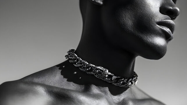 Elegant Ornamentation: An eye-level, close-up photograph showcases the intricate detail of a silver necklace adorning a person's neck and shoulder, a perfect embodiment of modern elegance.