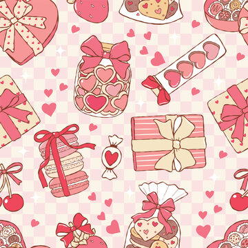 Valentines Gift Seamless Pattern, Date Night Elements Digital Paper, Trendy Pink Valentine Treats Fabric Design Vector