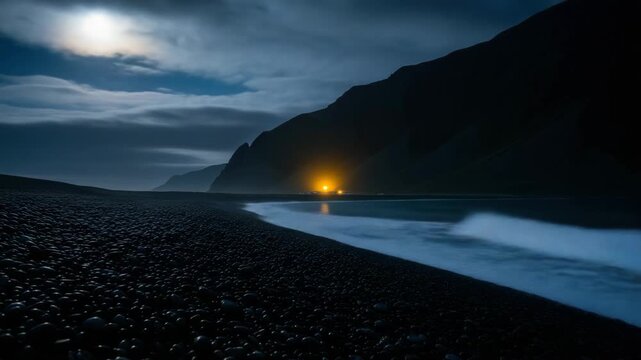 Dramatic night sequence on a remote black sand beach with ocean waves crashing on the shore. Moody time-lapse composite showing the changing light from the moon and a distant fire