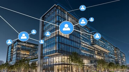 Modern office building at night with digital connections illustrating networking and collaboration - Powered by Adobe