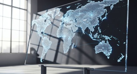 Global Network Visualization On Transparent Display In Bright Modern Office