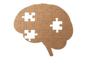 Human brain shape forming a puzzle with several missing pieces, illustrating mental health, memory loss, and neurological challenges