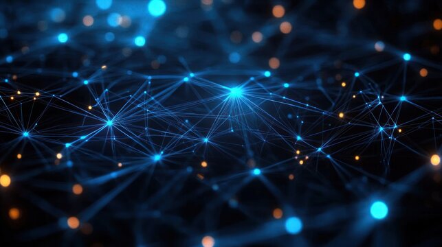 Futuristic glowing blue network of interconnected nodes and fine lines with scattered warm orange lights on a dark background, conveying dynamic connectivity and energy