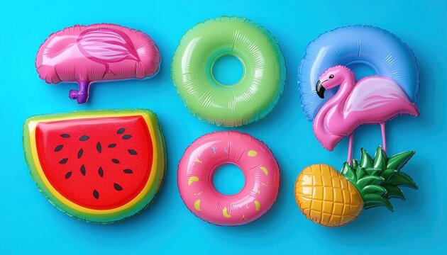 bright playful summer inflatables: watermelon slice, pineapple, pink flamingo on blue ring, two colorful donut rings and a pink cloud-shaped float on vivid turquoise background