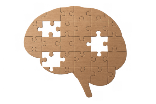 Human brain shape forming a puzzle with several missing pieces, illustrating mental health, memory loss, and neurological challenges
