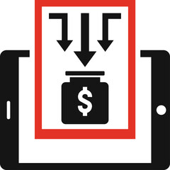 Digital Money Transfer Icon Showing Funds Being Deposited Into A Jar On A Smartphone Screen With Red Border And Black Arrows Suggesting Incoming Funds On A Transparent Background