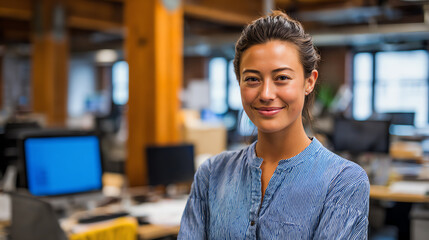 Confident young woman smiling in modern office, showcasing professionalism and positive workplace culture.
