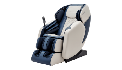 A modern massage chair in white and navy blue with stylish quilted accents and sleek design
