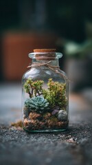 Enchanting Miniature Ecosystem - A Delicate Succulent Terrarium in a Corked Glass Jar.