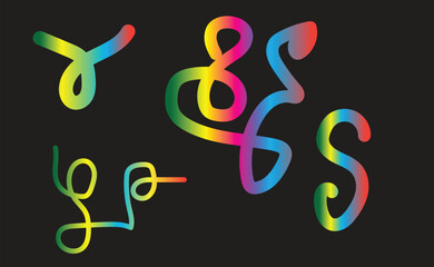 A collection of colorful gradient line art on a black background creates a modern design element

