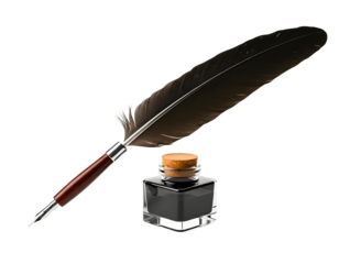 A black quill pen and ink bottle isolated on transparent background