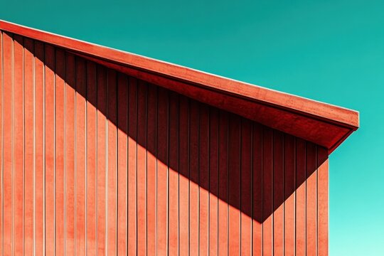 bold red angular building facade with vertical panels and a sharp triangular shadow against a vivid turquoise sky, minimal and striking emotion