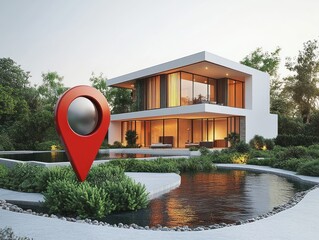 modern two-story white house with floor-to-ceiling glass, warm glowing interior, reflective pond, lush landscaped garden and a large red location marker conveying a serene inviting mood