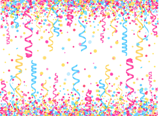 Colorful confetti and streamers falling on a transparent background