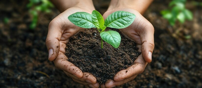 Cupped hands holding rich soil and a small green seedling, tenderly nurturing new life and evoking hope, care and renewal