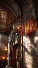 Mysterious Glow - Ornate Lantern Illuminates Textured Gothic Archway with Dramatic Shadows.
