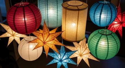 Colorful Lanterns and Star Lights Display for Festive Decoration.
