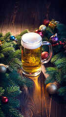Beer Mug with Christmas Ornaments on Wooden Table – Festive Holiday Atmosphere