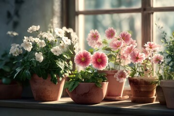 A Tranquil Still Life of Potted Flowers Bathed in Soft Window Light.
