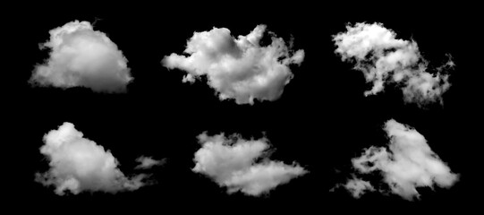 Collection of isolated white cloud shapes on a black background, ideal for graphic design, photo compositing, sky replacement, and digital artwork. Perfect for creative projects, effects, and visual.