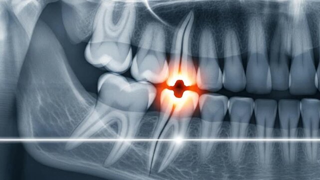 Animated Dental X-ray Showing Severe Toothache and Inflammation in Molar Tooth
