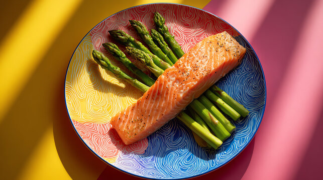 Delicious grilled salmon fillet with vibrant green asparagus served on a decorative plate.