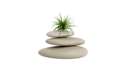 A balanced stack of four smooth white oval shaped stones carefully piled one on top of the other in perfect equilibrium isolated on transparent background