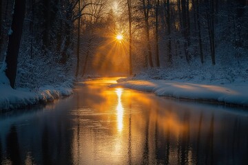golden sunrise over a snowy forest stream with sunburst rays reflecting on calm water, peaceful and magical winter morning