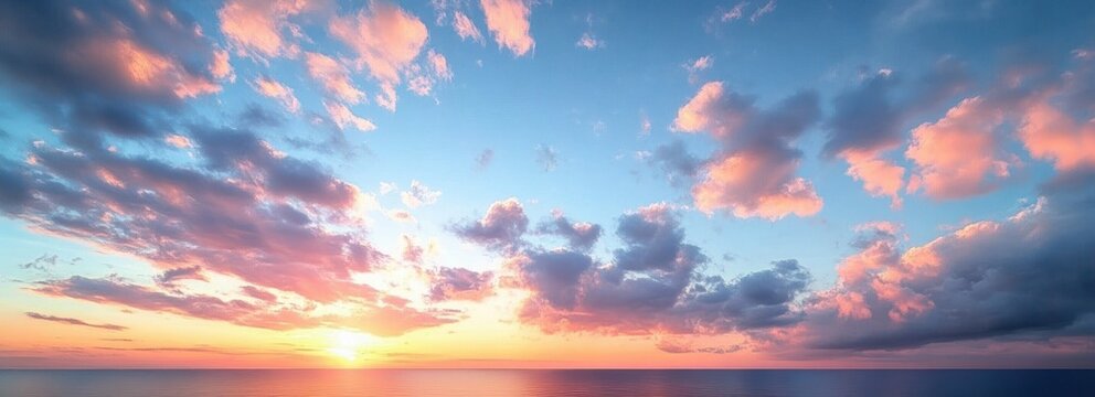 Serene ocean sunrise with pastel pink and orange clouds scattered across a soft blue sky and golden light reflecting on calm, tranquil water, evoking peaceful stillness - Powered by Adobe