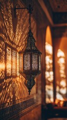 Intricate Moroccan Lantern Casting Warm Light and Shadow on Ornate Wall.