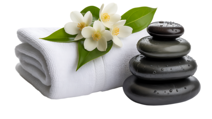 Zen Spa Oasis: A serene composition showcasing spa essentials—a stack of polished, dark massage stones harmonizes with a fluffy rolled towel, elegant blossoms, and fresh leaves. 