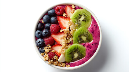 Delicious smoothie bowl topped with fresh fruits and granola for a healthy breakfast or snack option.