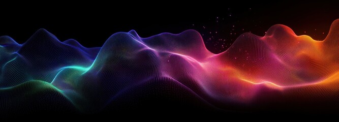 Glowing multicolored dotted wave landscape with sparkling particles on a black background evoking serene, futuristic and dynamic energy