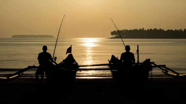 Adult male fisherman silhouette stands by his traditional outrigger boat on a tropical beach at sunrise. Golden light reflects on the calm ocean with distant palm tree islands