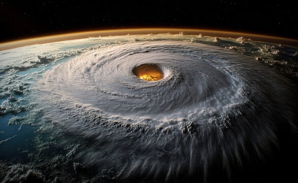 Gigantic swirling hurricane seen from space with a glowing fiery eye, expansive spiral cloud bands, curved Earth limb, atmospheric sunset glow and distant stars, ominous awe - Powered by Adobe