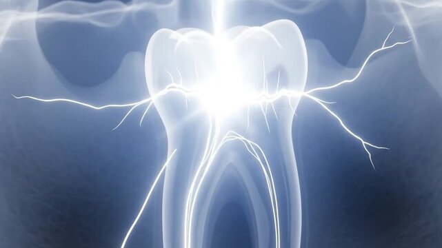Medical animation of a sensitive tooth showing nerve pain and cracks. 3D X-ray visualization of a toothache, pulpitis, or dental trauma.
