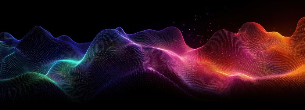 Glowing multicolored dotted wave landscape with sparkling particles on a black background evoking serene, futuristic and dynamic energy