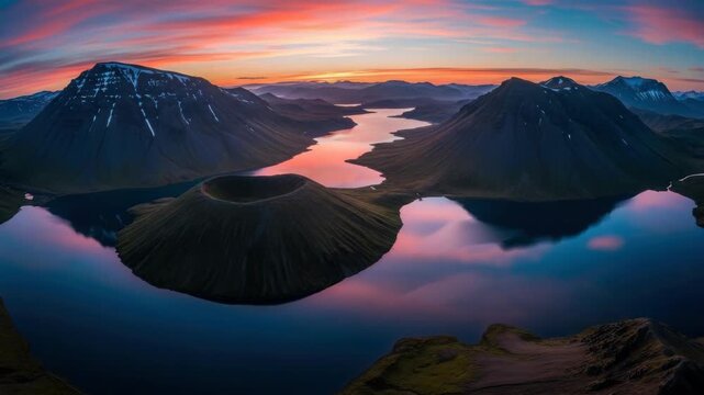 Majestic mountain landscape with a volcanic crater at twilight. Dramatic sky reflections paint the tranquil lake surface. Perfect for travel, nature, and environmental themes