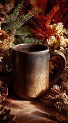 Rustic Ceramic Mug Amidst Autumnal Foliage, Warm Lighting, Cozy Atmosphere.