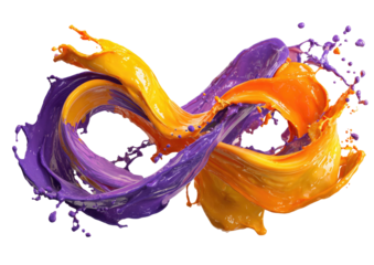 Paint splash forms infinity symbol in purple and orange.