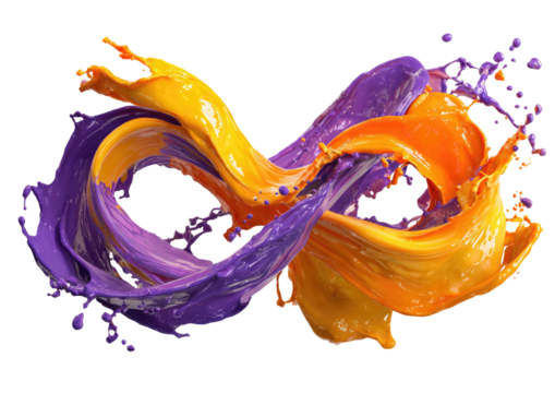 Paint splash forms infinity symbol in purple and orange.