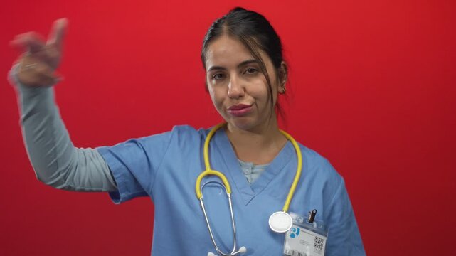 Woman in doctor uniform wearing stethoscope points finger gun to temple against red studio wall; frustration.